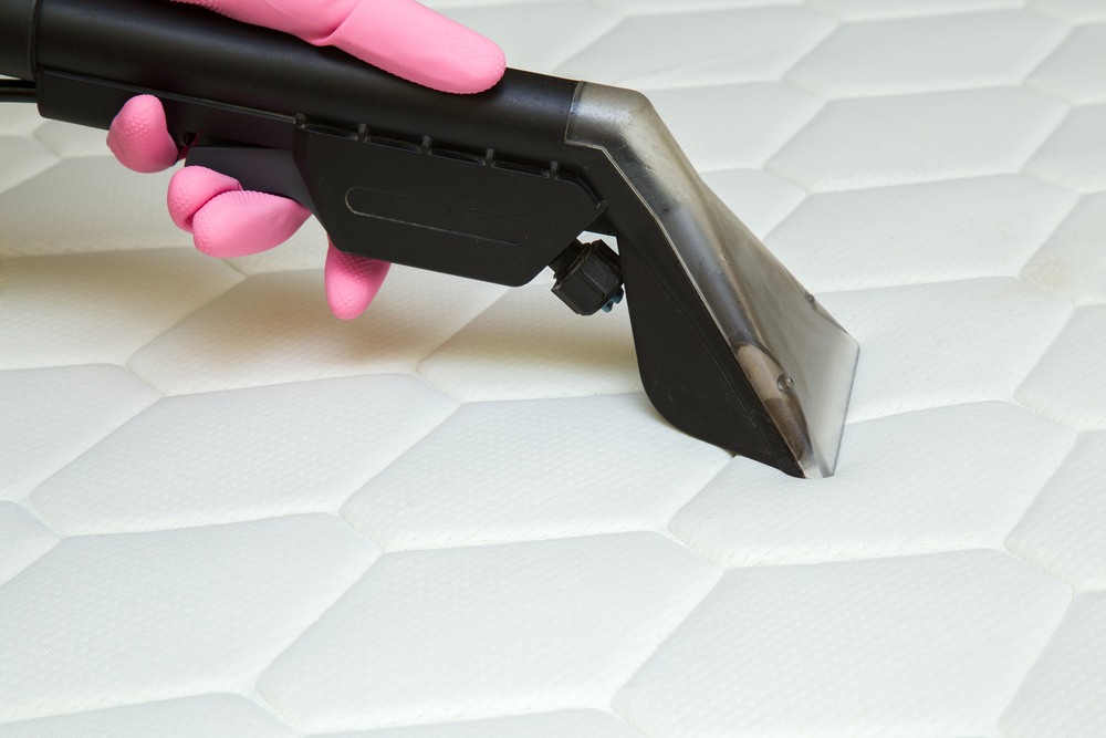 Ein pink behandschuhter Griff führt ein schwarzes Sprüh- und Saugwerkzeug gründlich über eine weiße Matratze bei der Hotelreinigung im Zimmer.