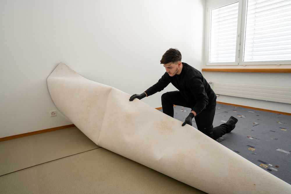 Eine Reinigungskraft rollt bei der Sonderreinigung einen verschmutzten Teppich in einem hellen Raum zum Reinigen auf.